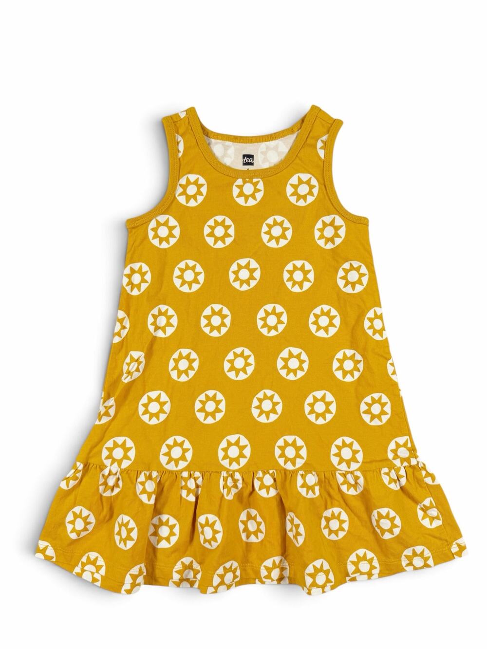 Tea Collection Girls Sun Print Ruffle Hem Tank Dress Mustard Yellow Size 4